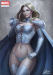  1girl arturo_gutierrez blonde_hair breasts cape cleavage corset elbow_gloves emma_frost fur_trim gloves hand_on_hip looking_at_viewer marvel midriff navel panties smile solo thighhighs underwear white_gloves white_panties x-men 