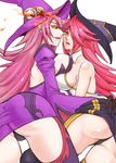  2girls arc_system_works artist_request ass ass_grab bare_shoulders black_panties black_sclera blazblue breast_press breasts deep_skin detached_sleeves dual_persona evil_smile hair_over_one_eye hat konoe_a_mercury large_breasts long_hair multiple_girls orange_eyes panties pantyshot phantom_(blazblue) pink_hair shiny shiny_skin skirt smile thighhighs thong underwear witch_hat yuri 