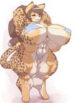  artist_request bra breasts brown_hair cheetach extra_breasts furry gigantic_breasts green_eyes large_breasts long_hair multi_breast multiple_breasts muscle nipples one_eye_closed panties thick_thighs underwear 