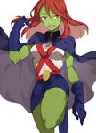  1girl cape dc_comics doudoude_dou gloves green_skin long_hair looking_at_viewer miniskirt miss_martian red_eyes red_hair skirt smile solo young_justice:_invasion 
