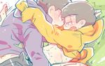  blush bottomless brothers brown_hair dutch_angle hood hoodie matsuno_ichimatsu matsuno_jyushimatsu multiple_boys on_floor osomatsu-kun osomatsu-san sadahara_inako sex siblings single_vertical_stripe sleeves_past_wrists sweat tears track_pants yaoi 