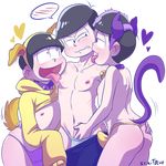  3boys animal_ears arm_around_waist artist_name bell bell_collar black_hair brothers bruises bulge cat_ears collar costume dog_ears fake_animal_ears halloween incest licking male_focus matsuno_ichimatsu matsuno_jyushimatsu matsuno_karamatsu multiple_boys nipples osomatsu-kun osomatsu-san saliva scaitblue siblings spiked_collar tail topless transparent_background underwear undressing yaoi 