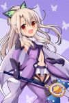  1girl :d bare_shoulders blonde_hair blush butterfly_hair_ornament cape commentary_request elbow_gloves eyebrows_visible_through_hair eyes_visible_through_hair fate/kaleid_liner_prisma_illya fate_(series) gloves hair_between_eyes hair_ornament highres illyasviel_von_einzbern long_hair looking_at_viewer magical_girl magical_sapphire morokoshi_(tekku) navel open_mouth ponytail prisma_illya_(sapphire_version) purple_gloves red_eyes smile solo thighhighs wand 