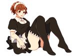  1girl ai-wa alternate_costume black_legwear black_panties brown_hair female_protagonist_(persona_3) knees_up maid maid_headdress panties persona persona_3 persona_3_portable reclining sitting solo thighhighs underwear 