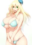  1girl atago_(kantai_collection) bikini blonde_hair breasts bursting_breasts cleavage curvy green_eyes hat huge_breasts kantai_collection long_hair open_mouth smile solo solo_focus standing swimsuit tsukasawa_takamatsu wide_hips 