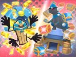  box cofagrigus fangs gold gold_bar multiple_hands official_art pokemon pokemon_mystery_dungeon rampardos red_eyes spike 