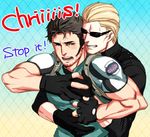  2boys albert_wesker blonde_hair blush brown_hair chris_redfield glasses hug kasutera multiple_boys muscle pecs resident_evil short_hair tagme yaoi 