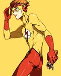  1boy bodysuit dc_comics doudoude_dou food freckles glasses gloves goggles green_eyes kid_flash male_focus mask orange_hair short_hair simple_background solo wally_west young_justice:_invasion 