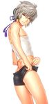  1boy earrings hair_ornament jewelry male_focus musou_orochi musou_orochi_2 purple_eyes short_hair shorts silver_hair simple_background solo taigong_wang undressing 