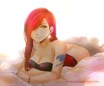  1girl arm bare_arms breasts cleavage earrings erza_scarlet fairy_tail female hair_over_one_eye jewelry lips long_hair looking_at_viewer lying nail_polish on_stomach red_hair shandisworld smile solo strapless tattoo tubetop yellow_eyes 