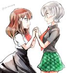  2girls blush breasts brown_hair gatchaman gatchaman_crowds grey_hair ichinose_hajime misudachi_tsubasa multiple_girls orange_eyes school_uniform shinoasa short_hair skirt 