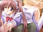  1girl ass bent_over blush brown_hair game_cg maid meimeimei! no_panties one_eye_closed purple_eyes sakanoue_mika spanked spanking the_god_of_death thighhighs twintails wink 