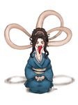  artist_request brown_hair japanese_clothes kimono long_neck long_tongue looking_at_viewer monster_girl obi rokurokubi seiza simple_background slit_pupils tongue tongue_out white_background yellow_sclera 