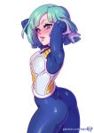  1girl armor armpits arms_up ass bangs bare_shoulders blue_eyes blush bodysuit breasts bulma cowboy_shot dimples_of_venus dragon_ball dragonball_z gloves green_hair heart kajin_(kajinman) lips looking_at_viewer looking_back medium_breasts open_mouth short_hair sideboob simple_background solo teeth thick_thighs thighs white_background wide_hips 