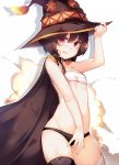  1girl :q absurdres bandage bandaged_leg bandages black_cape black_hair black_legwear black_panties blush cape deru06 hat highres kono_subarashii_sekai_ni_shukufuku_wo! looking_to_the_side mage megumin navel panties red_eyes sarashi scan simple_background single_thighhigh small_nipples standing thighhighs tongue tongue_out underwear white_background witch_hat 