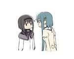  akemi_homura alternate_hair_length alternate_hairstyle black_hair black_hairband blank_stare blue_hair comic expressionless hairband jitome mahou_shoujo_madoka_magica miki_sayaka mitakihara_school_uniform multiple_girls oda_takayuki school_uniform short_hair short_hair_with_long_locks sidelocks simple_background 