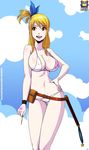  bikini blonde_hair breasts brown_eyes cloud clouds fairy_tail female hair_ribbon key kyoffie large_breasts long_hair lucy_heartfilia midriff navel open_mouth ribbon smile solo swimsuit 