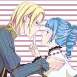  1boy 1girl albert_grandeioza ange_serena blonde_hair blue_eyes blue_hair blush capelet frills glasses jewelry long_hair necklace ponytail purple_eyes short_hair tales_of_(series) tales_of_innocence 