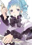 1girl ange_serena blue_hair capelet dress frills long_hair open_mouth ponytail purple_eyes ribbon tales_of_(series) tales_of_innocence weapon 