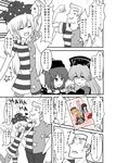  4girls ad american_flag_dress american_flag_legwear blush closed_eyes clownpiece comic hat heart hecatia_lapislazuli highres houraisan_kaguya indosou jester_cap junko_(touhou) monochrome multiple_girls pantyhose polos_crown shirt smile spot_color star striped striped_legwear striped_shirt sweat touhou translated 