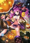  1girl breasts broom broom_riding candy cleavage female foreshortening halloween jack-o&#039;-lantern jack-o'-lantern licking_lips lollipop original panties pig pink_hair pumpkin red_eyes tongue tongue_out underwear white_panties wink witch 