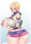 1girl areolae ashelia_b&#039;nargin_dalmasca ashelia_b'nargin_dalmasca ass between_labia blonde_hair blue_eyes blush breasts breasts_outside butt_crack deeezel final_fantasy final_fantasy_xii from_behind g-string huge_ass huge_breasts looking_at_viewer looking_back microskirt nipples plump puffy_nipples short_hair solo thick_thighs thong wide_hips 