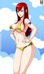  1girl bikini breasts cleavage cloud clouds erza_scarlet fairy_tail female kyoffie large_breasts long_hair midriff navel red_hair smile solo swimsuit underboob 