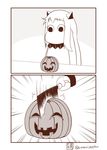  /\/\/\ 1girl 2koma comic commentary halloween hatchet highres horns jack-o'-lantern kantai_collection long_hair mittens monochrome moomin muppo northern_ocean_hime sazanami_konami solo twitter_username 