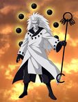  1boy long_hair naruto outdoors sky solo sunset uchiha_madara white_hair 