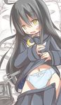  1girl absurdres bed black_hair blue_panties blush bow bow_panties crescent highres kantai_collection long_hair midriff mikazuki_(kantai_collection) moon navel on_bed panties pants_down pillow qt_project ring skirt solo underwear unzipped very_long_hair yellow_eyes 