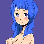  1girl ange_serena bare_shoulders blue_hair blush breasts covering covering_breasts long_hair nude purple_background purple_eyes tales_of_(series) tales_of_innocence 