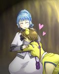  2girls ahoge ange_serena ass blue_hair blush breasts brown_hair capelet dress eyes_closed frills hair_ornament heart hug multiple_girls norma_beatty open_mouth ponytail ribbon short_hair smile tales_of_(series) tales_of_innocence tales_of_legendia 