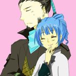  1boy 1girl ange_serena beard black_hair blue_hair blush capelet coat dress earrings eyes_closed facial_hair frills jewelry lips long_hair pink_background ponytail ricardo_soldato scar smile tales_of_(series) tales_of_innocence 