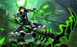  1girl black_dress black_hair black_rock_shooter chains claws cloud cloudy_sky dead_master dress glasses green_eyes horns liangxing looking_at_viewer scythe skull sky solo veil weapon 