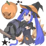  blue_hair boots bow broom cat_ears fairy_tail halloween high_heel_boots high_heels mikagelove pumpkin ribbon striped striped_legwear tail twintails wendy_marvell witch_hat 
