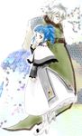  1boy 1girl ange_serena belt blue_eyes blue_hair capelet cloak dress frills green_eyes jewelry monocle necklace orifiel pointy_ears ponytail ribbon shoes short_hair silver_hair smile tales_of_(series) tales_of_innocence 