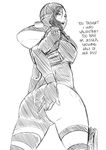  1girl ass asymmetrical_clothes butcha-u from_behind from_below hard_translated jessica_sherawat looking_back monochrome open_mouth resident_evil resident_evil_revelations single_pantsleg sketch too_bad!_it_was_just_me! translated wetsuit 