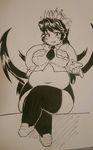  1girl artist_request belly blush fat filia_(skullgirls) looking_at_viewer monochrome navel sitting skullgirls solo thighhighs 