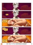  anthro blue_eyes blush comic cum cum_in_ass cum_inside dialogue domestic_cat felid feline felis fetal_pose fur gabe_(james_howard) green_eyes grey_fur james_(james_howard) james_howard mammal nude orange_fur patreon text 