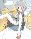  1girl amazon_(company) bangs blunt_bangs blush box company_logo glasses grey_eyes grey_hair mary_janes original panties pantyshot pantyshot_(sitting_down) pleated_skirt qt_project red_ribbon ribbon shoes skirt solo tiled_floor underwear upskirt white_panties 