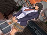  1girl black_eyes black_hair breasts dutch_angle highres holding huge_breasts legs long_hair looking_at_viewer necktie school school_bag school_uniform serious skirt sky solo thighs yojouhan_shobou 