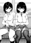  2girls bangs black_hair blush breasts exhibitionism gentsuki greyscale highres large_breasts looking_at_viewer monochrome multiple_girls original pleated_skirt ribbon school_uniform short_hair sitting skirt skirt_lift swimsuit swimsuit_under_clothes thighhighs train_interior 