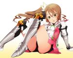  1girl 310123 alisha_diphda armor artist_request ass blush boots breasts brown_hair flower gauntlets green_eyes hair_flower hair_ornament long_hair looking_at_viewer open_mouth parted_lips shiny shiny_skin shorts side_ponytail sitting smile solo tales_of_(series) tales_of_zestiria 