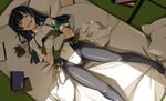  1girl black_hair bodysuit book eyes_closed flat_chest gloves honda_masazumi kyoukaisenjou_no_horizon long_hair pantyhose shikei sleeping tsukinowa_(horizon) 