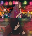  1boy 1girl armor black_hair brown_hair festival hair_ornament long_hair naruto outdoors smile tagme uchiha_madara 