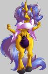  animal_genitalia anthro blue_eyes blue_hair clothed clothing cuite_mark cutie_mark dickgirl fan_character friendship_is_magic fur grey_hair hair hooves horn intersex long_hair long_tail my_little_pony partially_clothed presenting sheath shirt simple_background smile solo thebigbadwolf01 thong yellow_fur 