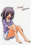  1girl barefoot collarbone feet hayate_no_gotoku! open_mouth purple_hair red_eyes segawa_izumi skirt smile solo twintails 