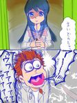  1girl blue_eyes blue_hair comic danganronpa danganronpa_1 expressionless facial_hair goatee heart heart_in_mouth knife kuwata_reon maizono_sayaka osomatsu-san parody red_hair sakurai_takahiro scared school_uniform screaming seiyuu_connection serafuku shaded_face style_parody translated 