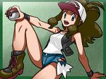  1girl aruni bare_legs bare_shoulders baseball_cap blue_eyes breasts brown_hair cleavage denim denim_shorts female hat high_ponytail long_hair nintendo poke_ball pokemon pokemon_(game) pokemon_bw shorts smile solo touko_(pokemon) very_long_hair 