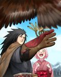  1boy 1girl black_hair green_eyes haruno_sakura long_hair naruto outdoors pink_hair short_hair sky uchiha_madara 